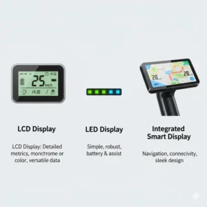 Diagram illustrating various e-bike display types, including LCD, LED, and integrated smart displays, highlighting their key features.