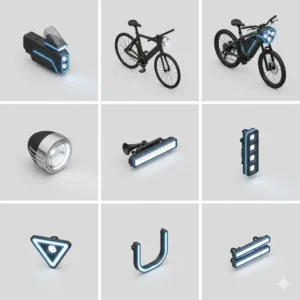 "Collage displaying various custom e-bike headlight designs, including round, rectangular, and integrated shapes, highlighting diverse aesthetic options."