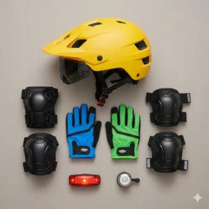 Close-up of safety features on e-bikes for kids, including the helmet and protective gear.