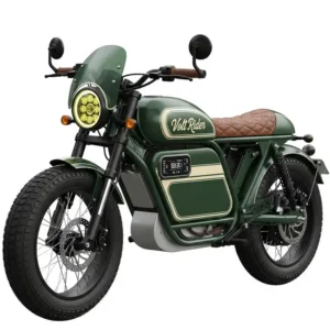 A retro-styled electric bike with chunky tires and a cafe racer aesthetic, designed to look like a vintage motorcycle.