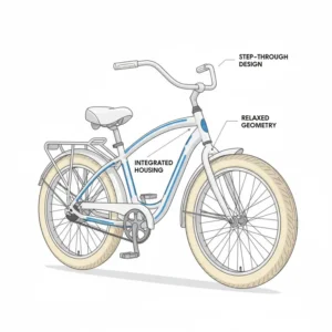 A detailed illustration of a beach cruiser's durable, step-through frame, highlighting its relaxed geometry and ergonomic design.
