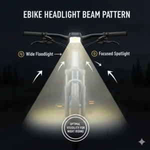 Illustration of an electric bicycle headlight's wide and focused beam pattern, demonstrating optimal visibility for night riding.