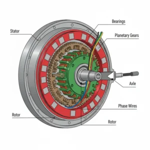 Detailed cross-section diagram of an electric bicycle hub motor, illustrating its internal components like stator, rotor, and gears for educational understanding