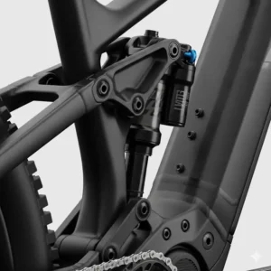 A close-up shot of the rear shock and pivot points on a full suspension electric mountain bike frame, highlighting the dual suspension design.