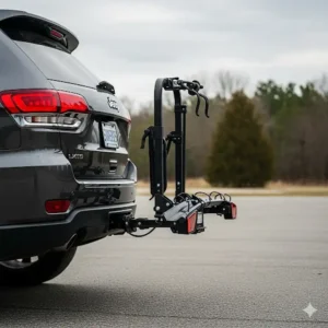 A side view of a sturdy, two-bike hitch jeep bike rack installed on a Jeep Grand Cherokee, showing the rack's folding mechanism.