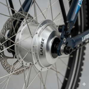 Close-up of the rear hub motor on the Lafree electric bike, highlighting its compact design.
