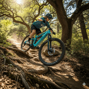 A Liv ebike designed for mountain biking tackles a rocky, winding trail, highlighting its off-road capabilities and suspension.