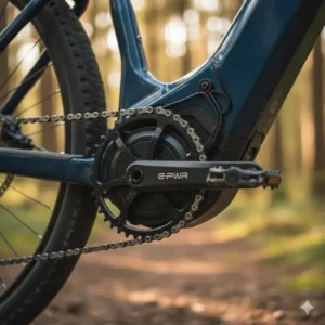 Close-up view of a compact mid-drive motor positioned at the bottom bracket of an electric bicycle.