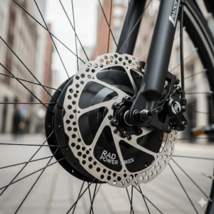 A close-up shot of the RadCity Plus electric commuter bike's front hub motor and hydraulic disc brakes, emphasizing its urban-friendly design and performance features. This is one of the many quality rad electric bicycles.