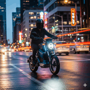 A Revolt electric cycle rider commuting through a city street during the evening, showcasing its integrated lights