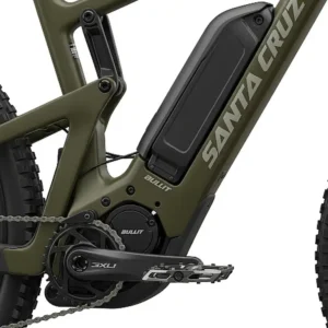 A detailed shot of the Santa Cruz e-mountain bike's integrated battery and motor system, highlighting its sleek design and clean lines.