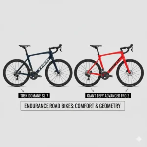 Artistic rendering of a Trek Domane and a Giant Defy endurance road bike, showcasing their comfort features and geometry for long rides.