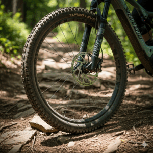 A close-up shot of the front wheel of a Turbo Levo e-MTB, navigating a rocky singletrack trail.