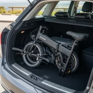 An image of a black foldable electric bike neatly stowed inside the trunk of a car, demonstrating its portability for travel or multi-modal commuting. 