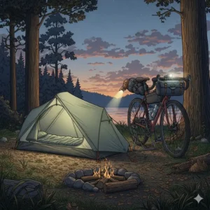 An illustration showing a small, lightweight camping tent pitched next to a touring bike, emphasizing the overnight aspect of a camping bike journey.