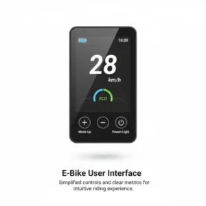 Graphic representation of an e-bike display's user interface, showing easy-to-read metrics and control buttons for assist modes.