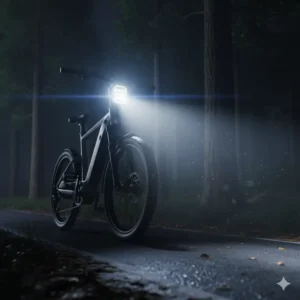 "Illustration of an e-bike headlight projecting a wide and bright beam pattern onto a dark road, demonstrating superior nighttime visibility for custom e-bike headlight use."