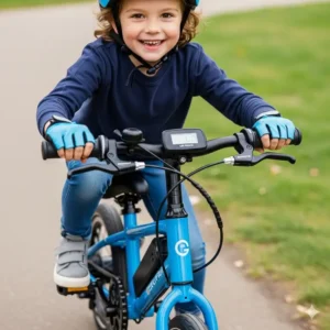 : A smaller, beginner-friendly e-bikes for kids being used on a flat, safe surface.