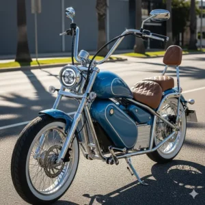An electric cruiser bike featuring a low-slung seat and wide handlebars, giving it the appearance of a classic cruiser motorcycle.