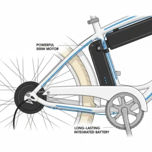 A close-up shot of a powerful 500-watt electric motor and a long-lasting battery on a white electric beach cruiser.
