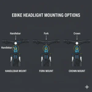 Diagram showing various mounting options for an electric bicycle headlight, including fork, handlebar, and crown mounts.