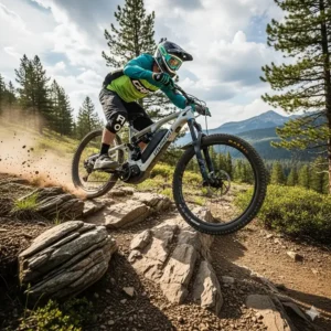 An action shot of an electric full suspension mountain bike descending a technical rocky trail, demonstrating its capability and performance.