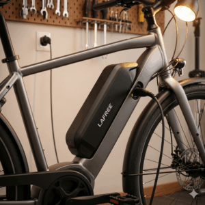  The removable, integrated battery pack of the Lafree electric bike, shown being charged.
