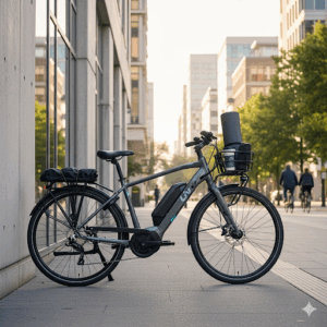 A Liv ebike for city commuting is parked against a backdrop of urban architecture, emphasizing its practicality and style for daily use.