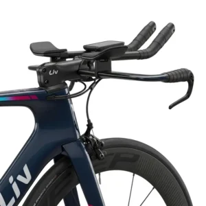 A close-up of a Liv Enviliv Advanced Pro aero bike, emphasizing the aero handlebars and integrated cabling.