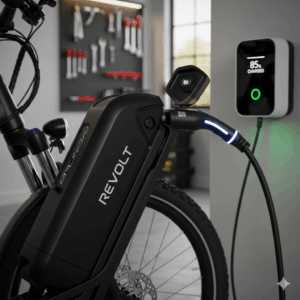 The powerful battery of a Revolt electric cycle being charged at a home charging station 