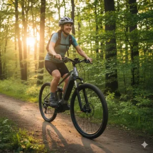 A happy rider effortlessly navigating a scenic trail on a high-performance Mid Drive E Bikes .
