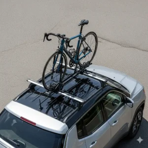 An overhead view of a roof-mounted jeep bike rack on a Jeep Compass, with a single road bike secured to the rack.