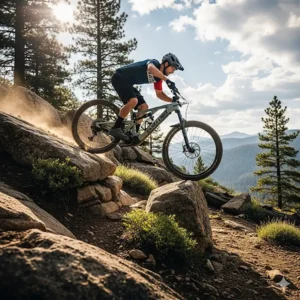 A rider tackling a steep, rocky climb on a Santa Cruz e-mountain bike, demonstrating how the pedal assist helps conquer challenging ascents.