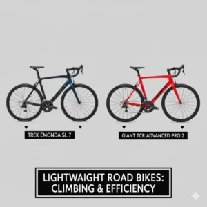 A visual comparison of a Trek Emonda and a Giant TCR, emphasizing their lightweight frames and climbing capabilities for competitive road cycling.