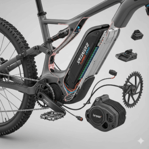 An exploded view showing the integrated motor and down-tube battery of the Turbo Levo electric bike.