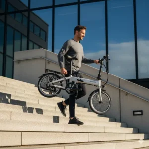 A man effortlessly carrying a lightweight foldable e-bike up a set of stairs, showcasing the convenience and ease of transport.