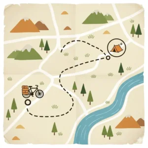 A map illustration with a winding route, a small icon of a camping bike, and a marker for a campsite, representing the planning and navigation involved in a camping bike adventure.