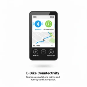 E-bike display screen showing Bluetooth and GPS icons, indicating smartphone connectivity and navigation capabilities for enhanced riding.
