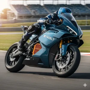 A dynamic side view of an electric sport bike with a full fairing and aggressive stance, resembling a high-performance motorcycle.