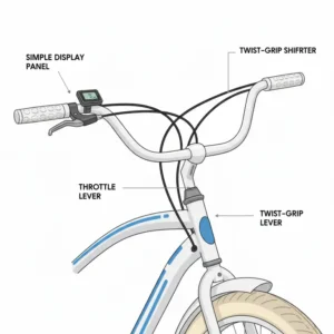An image of the handlebars of an electric beach cruiser, showing the simple display panel, throttle, and gear shifter for easy control.