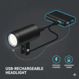 Graphic of a USB-rechargeable electric bicycle headlight, highlighting its convenience and portable charging capabilities.