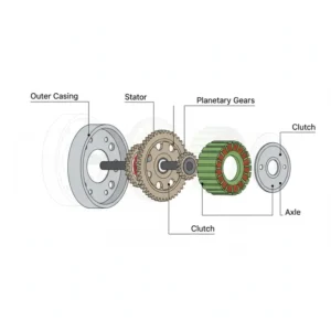 Exploded view of a geared electric bicycle hub motor, detailing its planetary gear system for efficient torque delivery and uphill assistance
