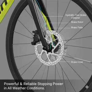 An illustration of the powerful disc brake system on the giant defy road bicycle, showing its reliable stopping power in various weather conditions.