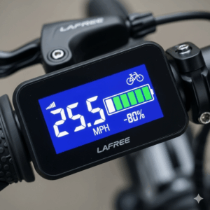  A digital LCD display on the Lafree electric bike handlebar, showing speed and battery level.