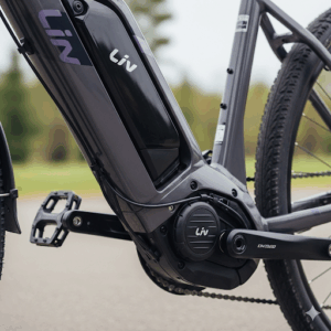 A close-up shot of the motor and battery on a Liv ebike, illustrating the integrated and powerful electric-assist system.