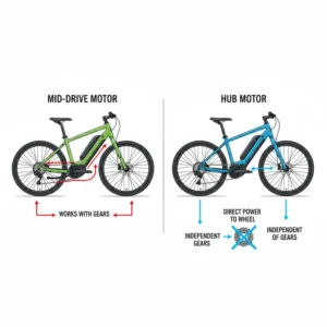 Comparison diagram illustrating the central location of a mid-drive motor versus the wheel-mounted position of a hub motor on an e-bike.