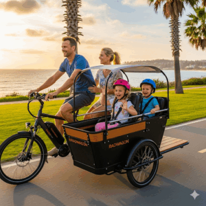 A family riding the RadWagon electric cargo bike, with children seated in the back. This image demonstrates the utility and family-friendly nature of Rad Power Bikes' cargo models, which are practical rad electric bicycles. 
