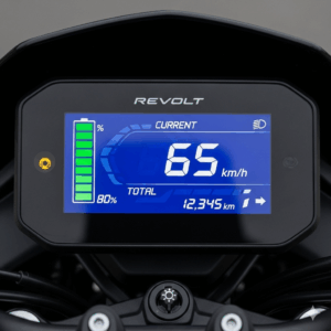 A close-up shot of the Revolt electric cycle's digital display, showing speed, battery life, and mileage