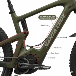 A close-up view of the VPP suspension system on a Santa Cruz e-mountain bike, explaining how it provides excellent traction and control on descents.