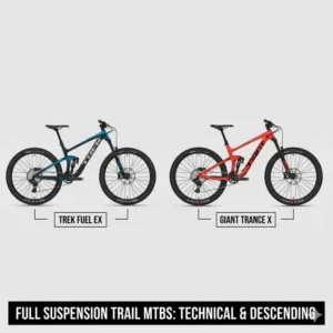 Dynamic illustration of a Trek Fuel EX and a Giant Trance full suspension mountain bike on a technical trail, showcasing their suspension travel and trail-riding performance.